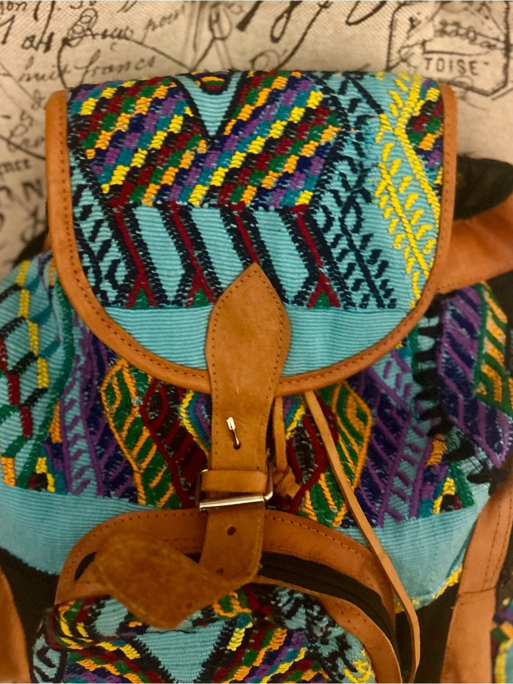 New Boho Embroidered Peruvian Embroidered genuine Leather-Trim large Backpack